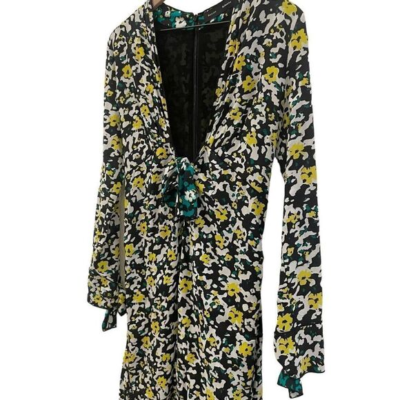 Proenza Schouler Yellow Floral Crepe Knot Midi Dress V-Neck Long Sleeve Size 2 - Picture 3 of 14